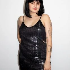 Moo Moo Black & Silver Diagonal Fringe Sequined Flapper Dress Adults