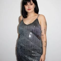 Moo Moo Dark Silver Diagonal Fringe Sequined Flapper Dress