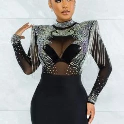 Global Lover Black Beaded Party Dress Women's