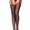 Leg Avenue Ornate Lace Top Thigh Highs With Attached Garter Belt