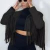 Global Lover Black Long Sleeved Fringe Tassel Jacket Outerwear