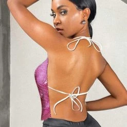 Global Lover Festival Pink Rhinestone Mesh Top