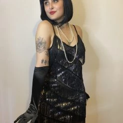 Moo Moo Gold Diagonal Fringe Sequined Flapper Dress