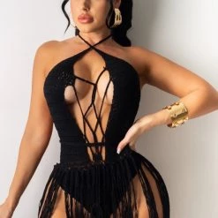 Global Lover Crochet Black Fringe Bodysuit