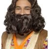 Smiffys Men's Hippie Wig And Beard Dark Brown