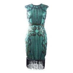 Hurly-Burly 1920's Great Gatsby Green And Black Beaded Gatsby Dress