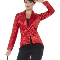 Smiffys Ladies Red Sequin Tail Coat Jacket Outerwear