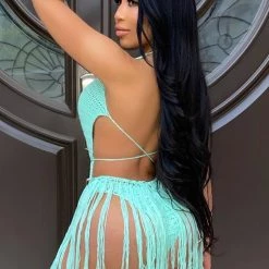 Global Lover Bodysuits Crochet Light Teal Fringe Bodysuit
