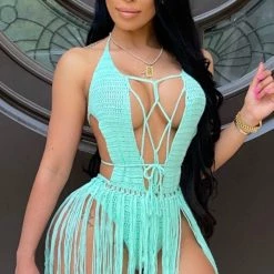 Global Lover Bodysuits Crochet Light Teal Fringe Bodysuit