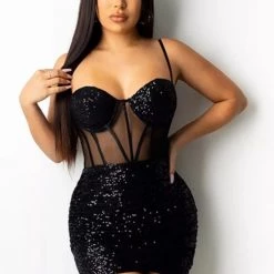 Unknown Black Sequin And Sheer Party Dress