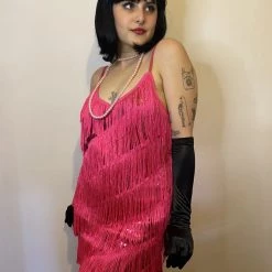 Moo Moo Gold Diagonal Fringe Sequined Flapper Dress