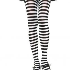 Leg Avenue Plus Size Black And White Striped Pantyhose Hosiery