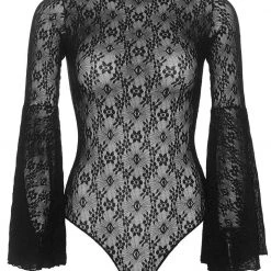 Leg Avenue Black Lace Bodysuit With Bell Sleeves Women's