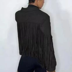 Global Lover Black Long Sleeved Fringe Tassel Jacket Outerwear