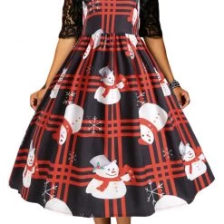 Hurly-Burly Snowman Christmas Dress With Lace Sleeves