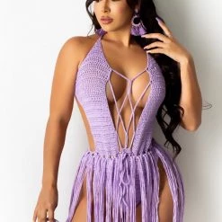 Global Lover Crochet Purple Fringe Bodysuit Bodysuits