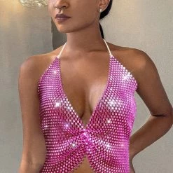 Global Lover Festival Pink Rhinestone Mesh Top