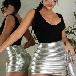 Global Lover Women's Metallic Silver Puffer Mini Skirt