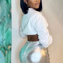 Global Lover Women's Metallic Silver Puffer Mini Skirt