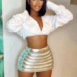 Global Lover Women's Metallic Silver Puffer Mini Skirt