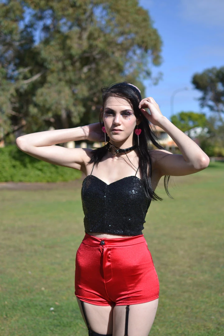 Hurly-Burly Mini Red Satin Hot Pants Festival Wear 3 Hurly-Burly Mini Red Satin Hot Pants Festival Wear