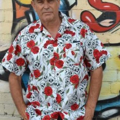 Thailand Light Blue Skull And Roses Printed Button Down Shirt Dress Shirts