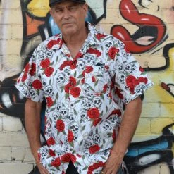 Thailand Light Blue Skull And Roses Printed Button Down Shirt Dress Shirts