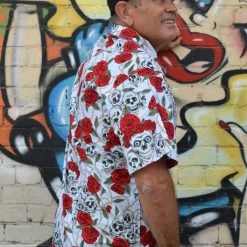 Thailand Light Blue Skull And Roses Printed Button Down Shirt Dress Shirts