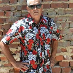 Let It Rock Black Skull And Roses Print Button Down Shirt Dress Shirts