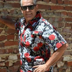 Let It Rock Black Skull And Roses Print Button Down Shirt Dress Shirts