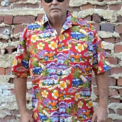 Hurly-Burly Red Hawaiian Car Print Button Down Shirt