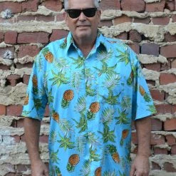 Thailand Blue Tropical Pineapple Print Button Down Shirt Dress Shirts