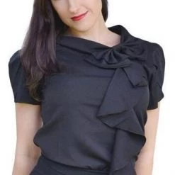 Hurly-Burly (D) Ladies Black Long Bow Blouse Tops & Tees