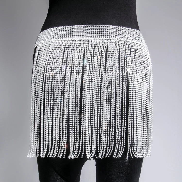 Global Lover Women's Rhinestone White Fringe Tassel Belt Skirt 4 Global Lover Women's Rhinestone White Fringe Tassel Belt Skirt