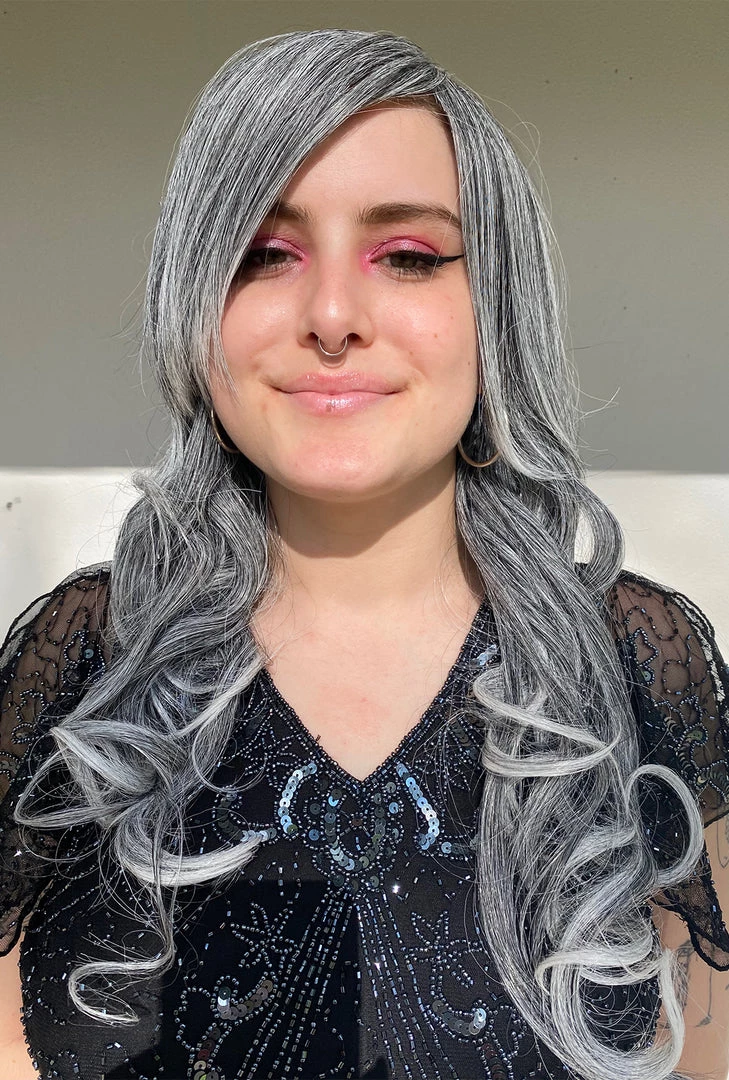 Bell's Wigs Deluxe Long Grey And White Curly Wig 3 Bell's Wigs Deluxe Long Grey And White Curly Wig