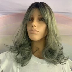 Bell's Wigs Black To Green Grey Curly Shoulder Length Wig