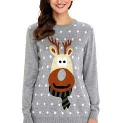 Dear Lover Grey Reindeer Knitted Ugly Christmas Pullover Outerwear