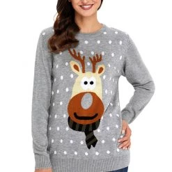Dear Lover Grey Reindeer Knitted Ugly Christmas Pullover Outerwear