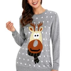 Dear Lover Grey Reindeer Knitted Ugly Christmas Pullover Outerwear