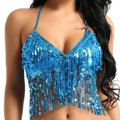 Best Dance Sky Blue Sequin Fringe Halter Top