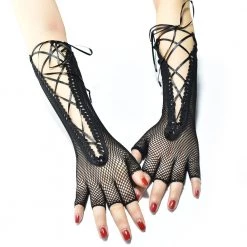 Jacky Wang Black Lace Up Fingerless Fishnet Gloves