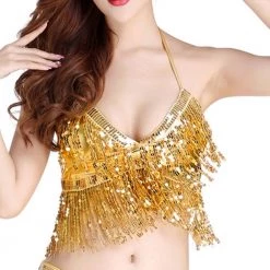 Best Dance Women's Gold Sequin Fringe Halter Top