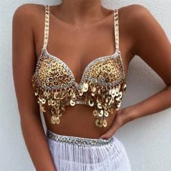 Best Dance Gold Sequin Fringe Bra Top