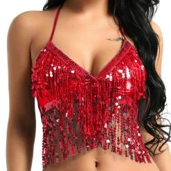 Best Dance Red Sequin Fringe Halter Top