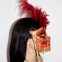 Hurly-Burly Red Tassel Masquerade Mask On Stick Masks & Eyemasks