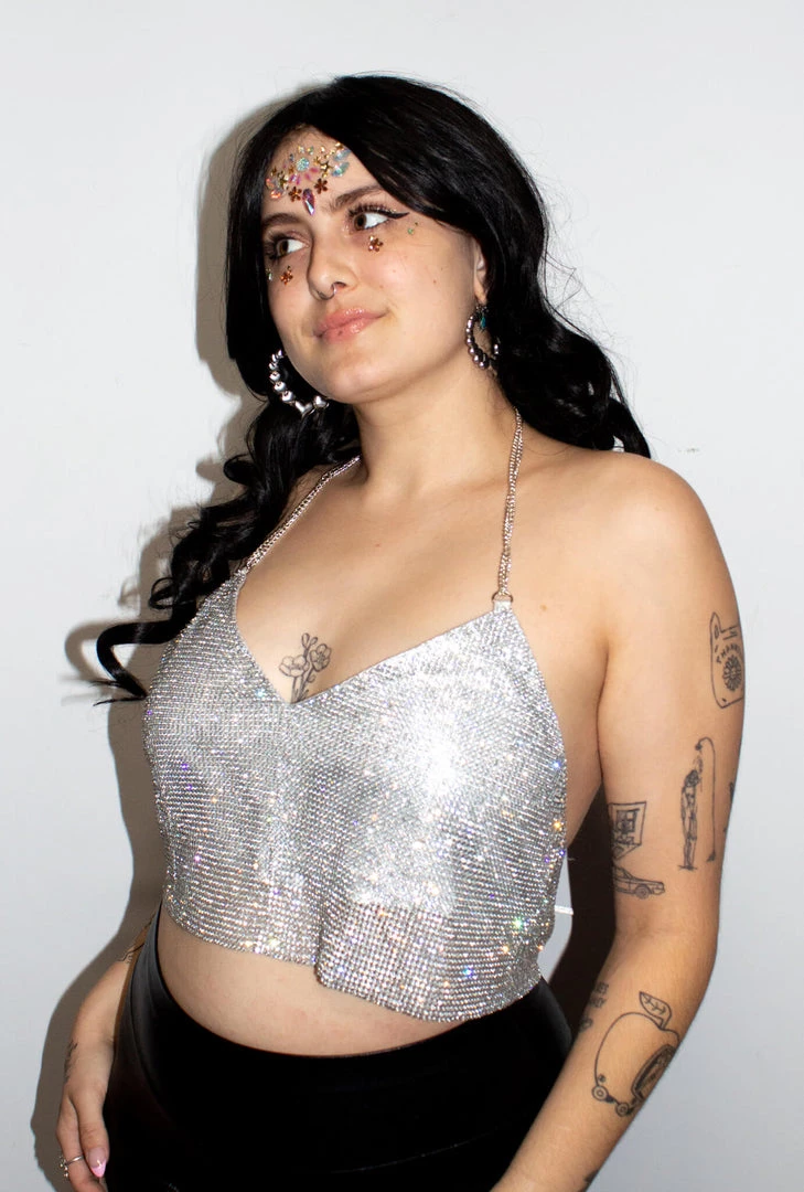 Moo Moo Silver Rhinestone Metal Mesh V-Neck Halter Top 3 Moo Moo Silver Rhinestone Metal Mesh V-Neck Halter Top