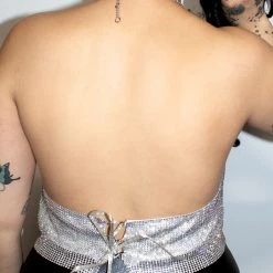 Moo Moo Silver Rhinestone Metal Mesh V-Neck Halter Top 7 Moo Moo Silver Rhinestone Metal Mesh V-Neck Halter Top