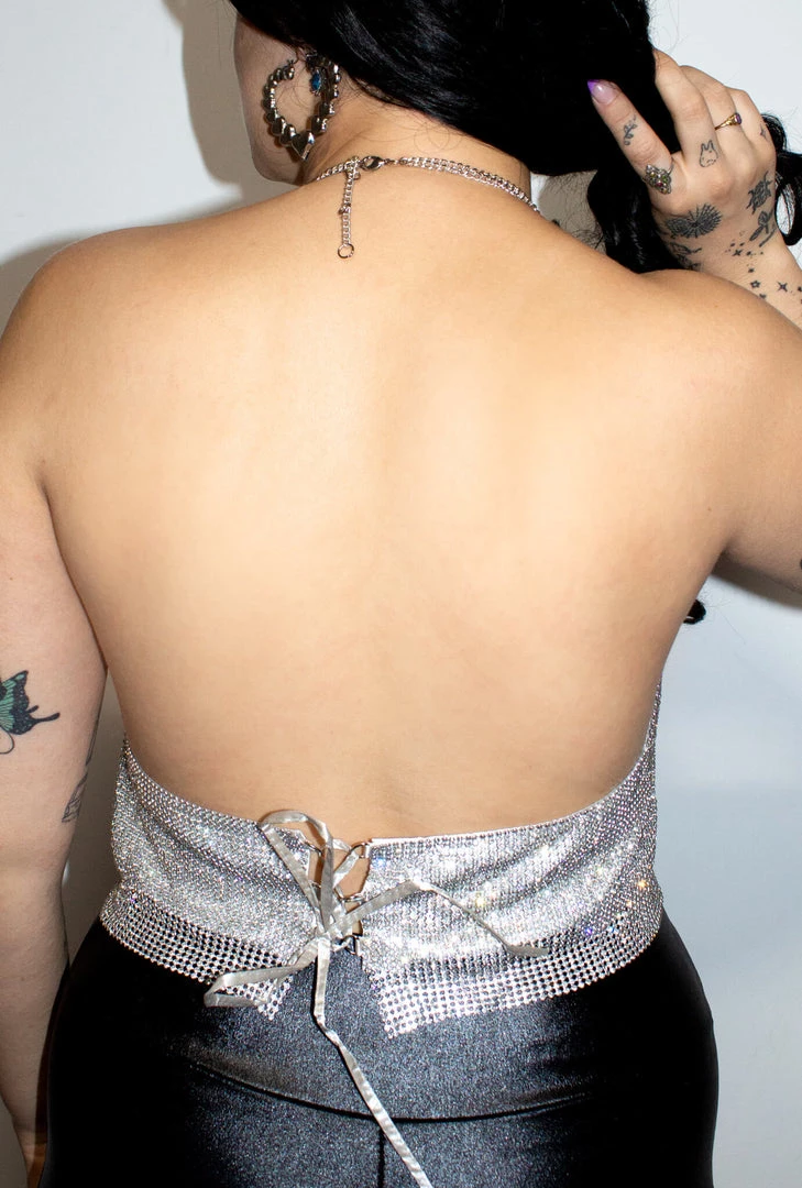 Moo Moo Silver Rhinestone Metal Mesh V-Neck Halter Top 5 Moo Moo Silver Rhinestone Metal Mesh V-Neck Halter Top