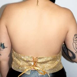 Moo Moo Gold Rhinestone Metal Mesh V-Neck Halter Top