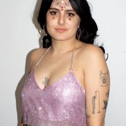 Moo Moo Pink Rhinestone Metal Mesh V-Neck Halter Top